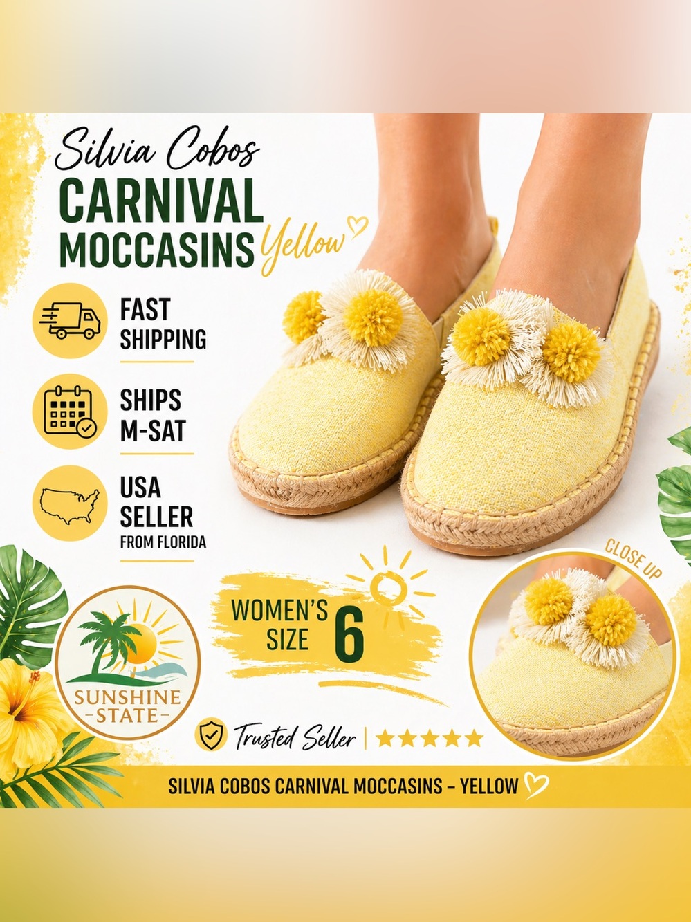 Silvia Cobos Carnival Moccasins Yellow Butter Women’s Size 6 Espadrille Slip On